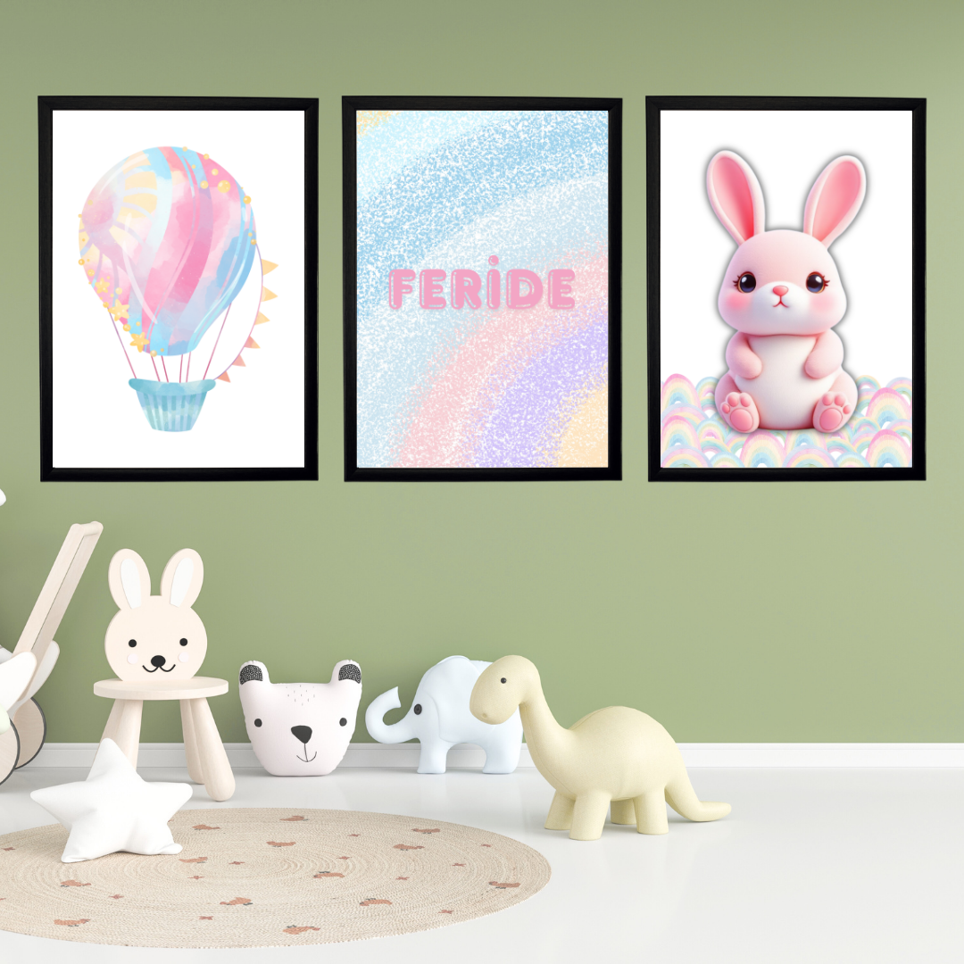 3D Balonlu 3'lü Set Çocuk Odası İsimli Tablo