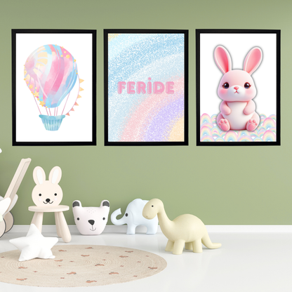 3D Balonlu 3'lü Set Çocuk Odası İsimli Tablo